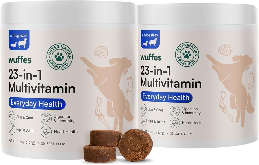 Wuffes 23-i-1 Chewable hund Multivitamin &Supplements Bundle - Hunde Multivitamin for liten og stor avl - 2 pakke - 60 greve