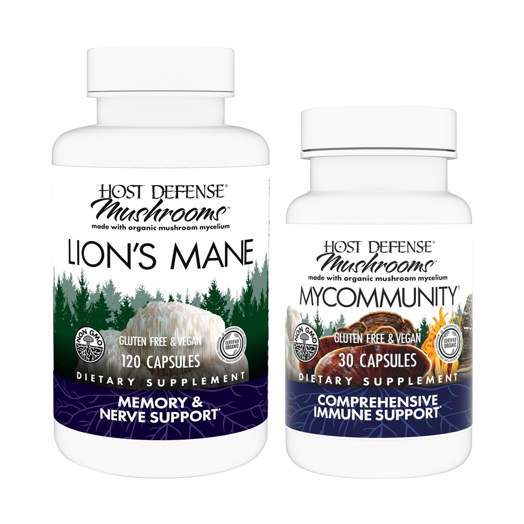 Host Defense Bundle med Lions Mane Capsules, 120 Count & MyCommunity Capsules, 30 Count - Støtte Hjerne Helse, minne og fokus - Støtte Immun Helse med 17 Arter Mushroom Blend*