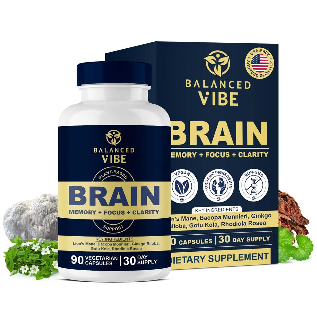 Balansert Vibe Hjerneformula | Organisk plantebasert nootropisk for fokus, klarhet og minne | Organisk løvemane, Ginkgo, Bacopa, Rhodiola, Gotu Kola | Vegansk kapsler | 30 dagers forsyning