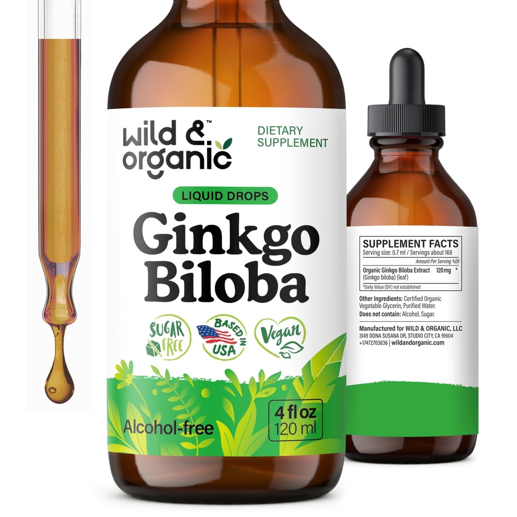 Wild & Organic Ginkgo Biloba Ekstrakt Drops - Brain & Focus Support - flytende Ginkgo Biloba Kosttilskudd - Vegan, Sukker & alkoholfri Herbal Tinktur - 4 fl oz