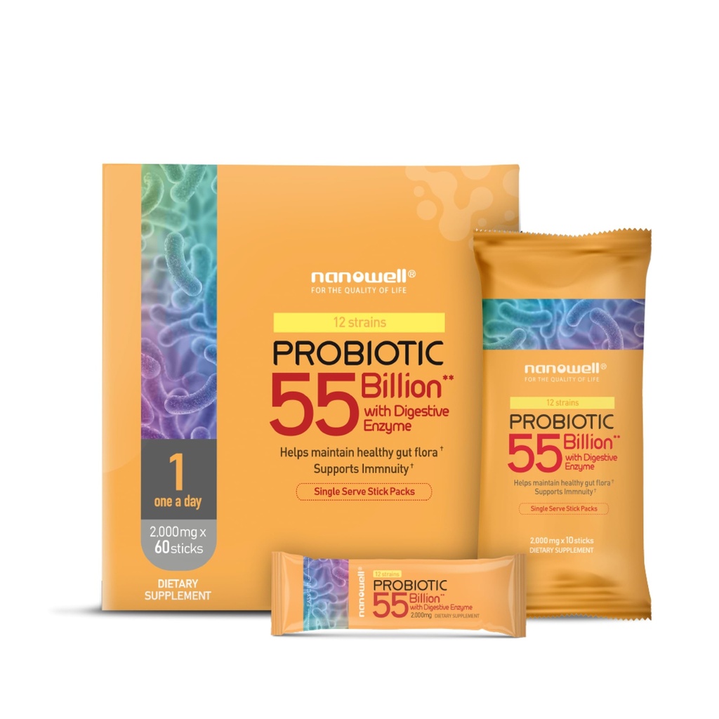 NANOWELL 12 Strains Probiotic 55 milliarder CFU med Digestive Enzymes pulver - immunstøtte, Gut helse, probiotika, prebiotika og postbiotika - 60 Sticks, 60 dagers forsyning