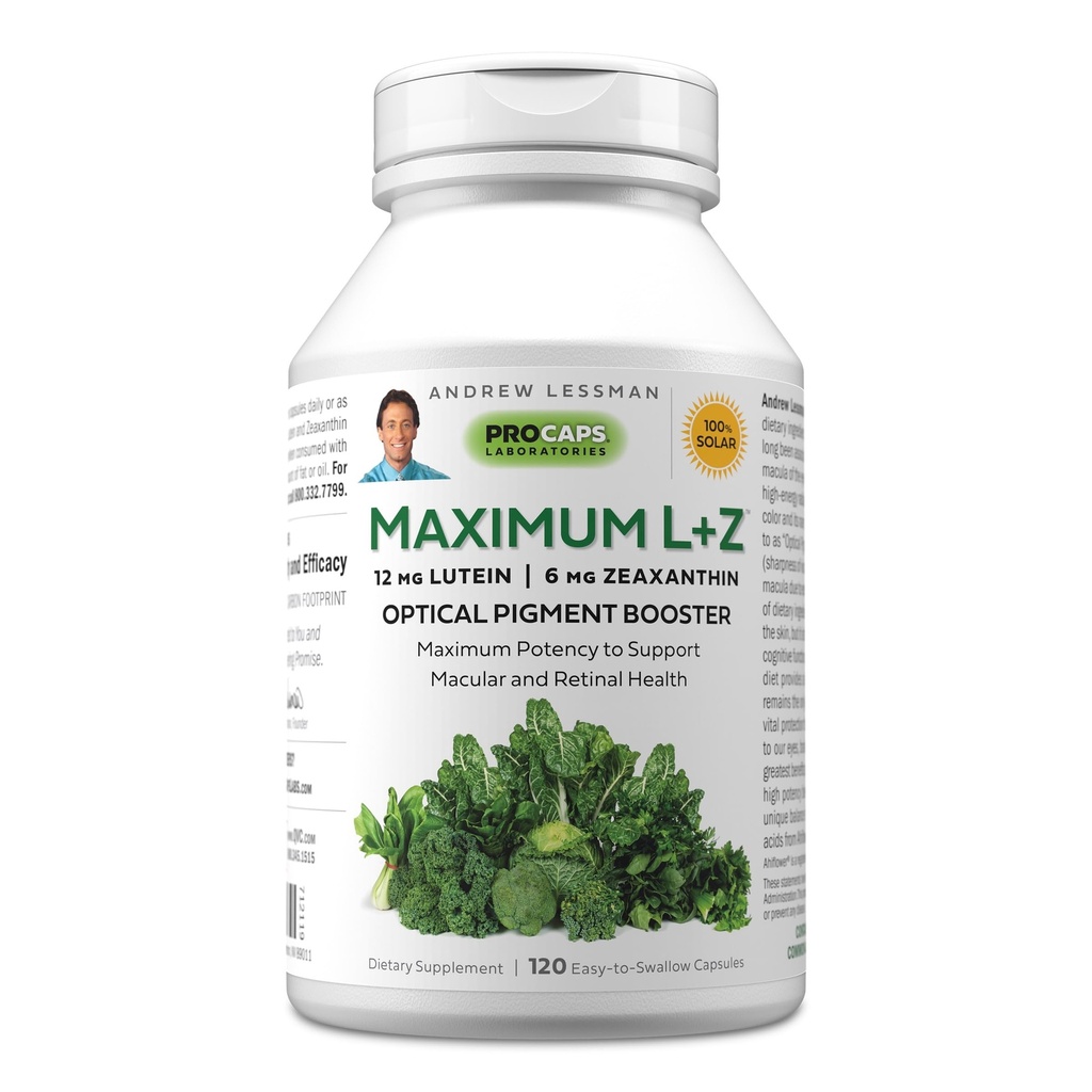 ANDREW LESSMAN Maksimal L+Z 120 Softgels - 12mg Lutein, 6mg Zeaxanthin, Nøkkelnæringsmidler til å støtte øye og hjerne helse, og fremme sunn visjon. Ingen additiver. Lett å svelge Softgels