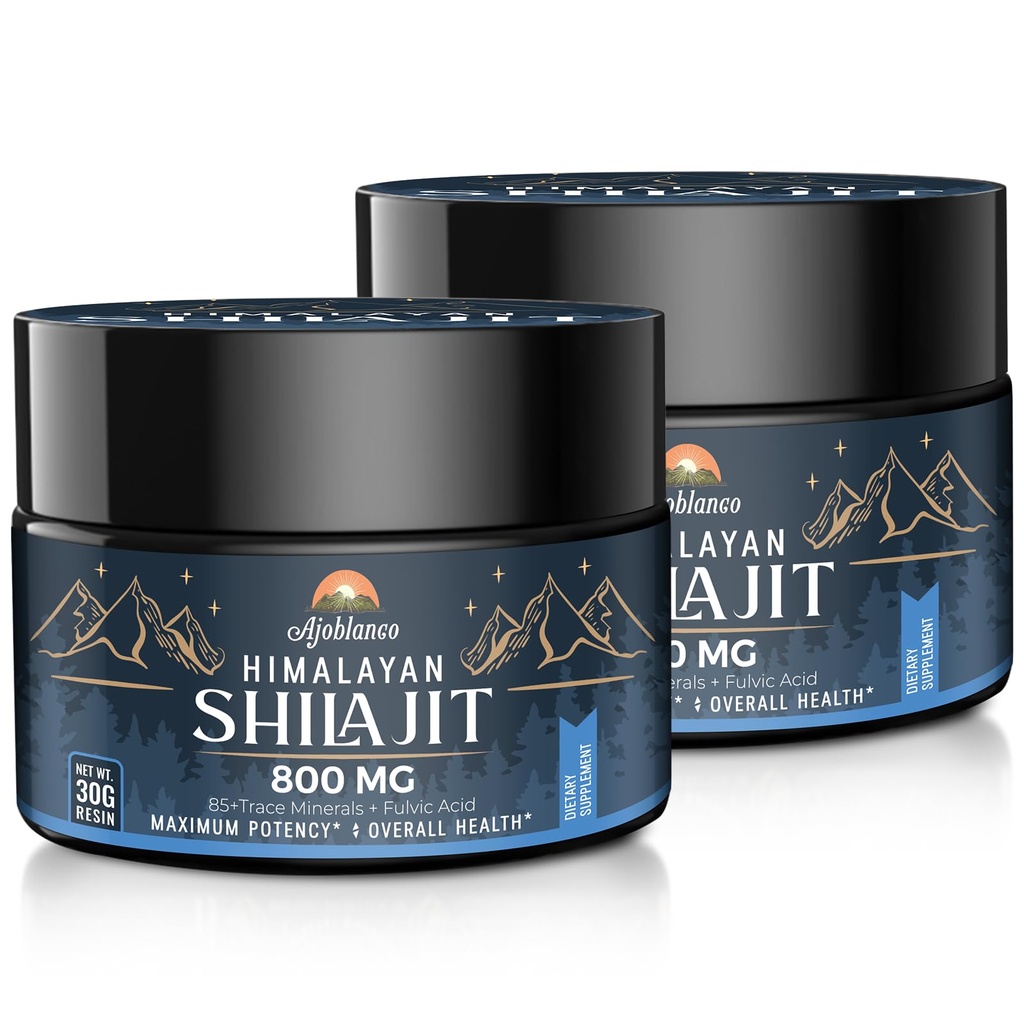 Ajoblanco 800 Mg Himalayan Shilajit Resin, Shilajit ren Himalayan organisk, Shilajit Supplement med renhet, høy dosering og styrke for energi, styrke og immunitet, menn og kvinner, 30 gram, pakke med 2