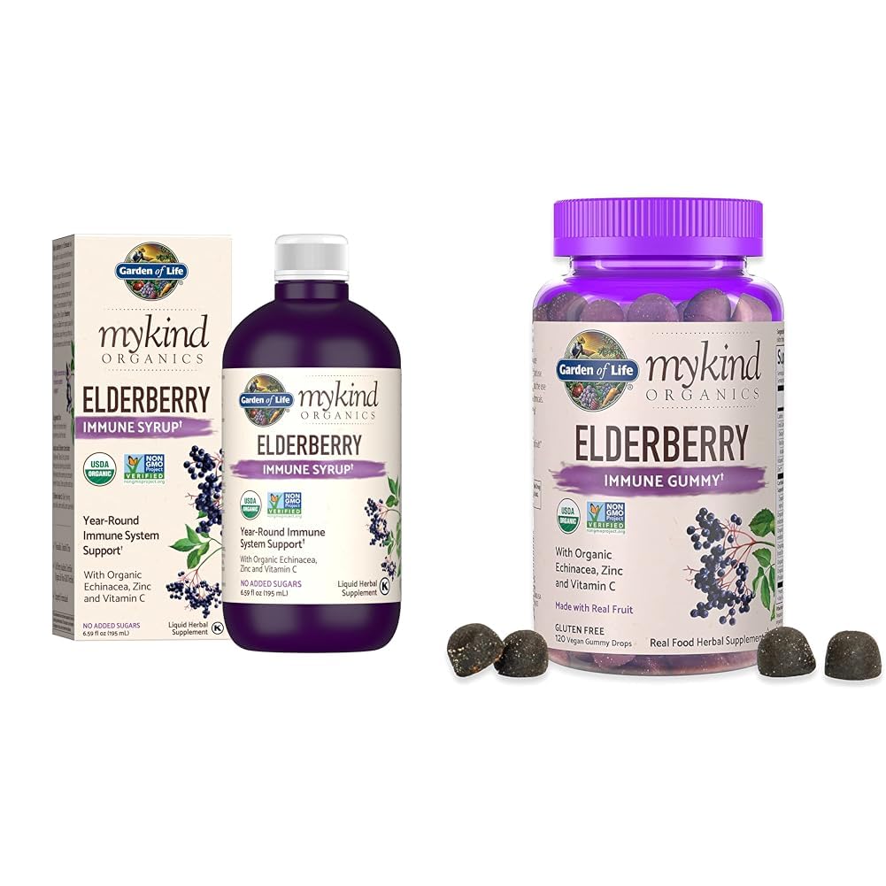 Livshage Organics Plantebasert Eldrebær Immun Syrup 6.59 fl oz & Organics Elderbær Gummies for voksne og barn
