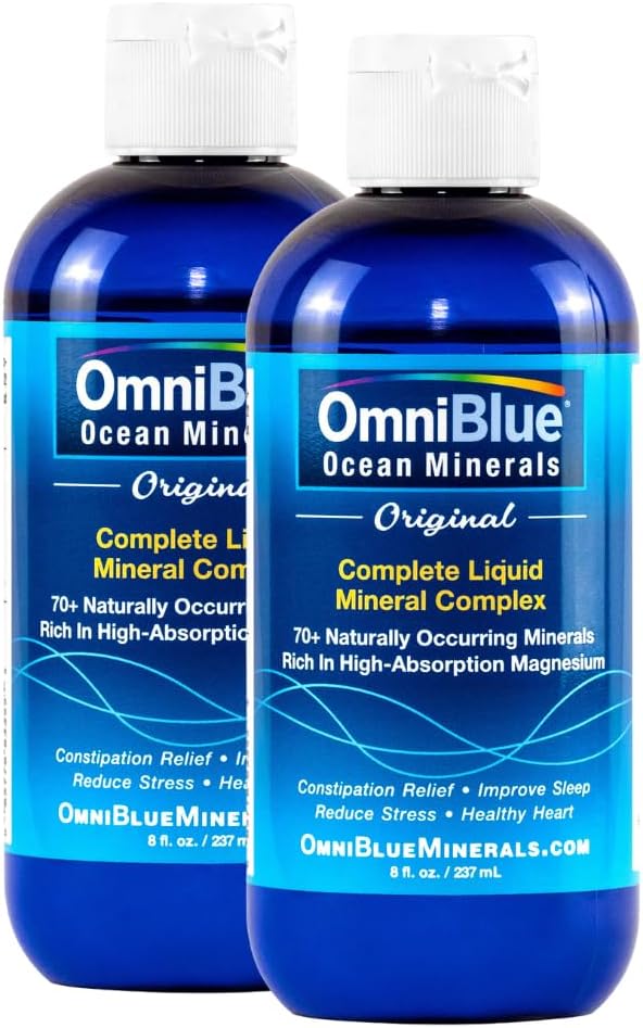 OmniBlue Ocean Minerals - 70+ Trace Minerals & Flytende Magnesium - Kalium, Kloride- Lav Natrium - Naturlig støtte for søvn, Digestion, Regelmessighet, Hydration & Electrolyte Balance (2-Pack 8oz)