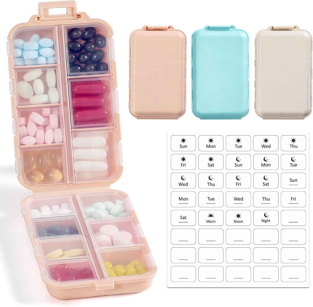 3 Pakke, 14 GRIDS Reise piller Organizer Box med etiketter - Reisemedisin Case Kit - Pocket Daily Pharmacy Container - Reisemedisinholder Dispenser for fiskeolje vitamin Supplerende lagring