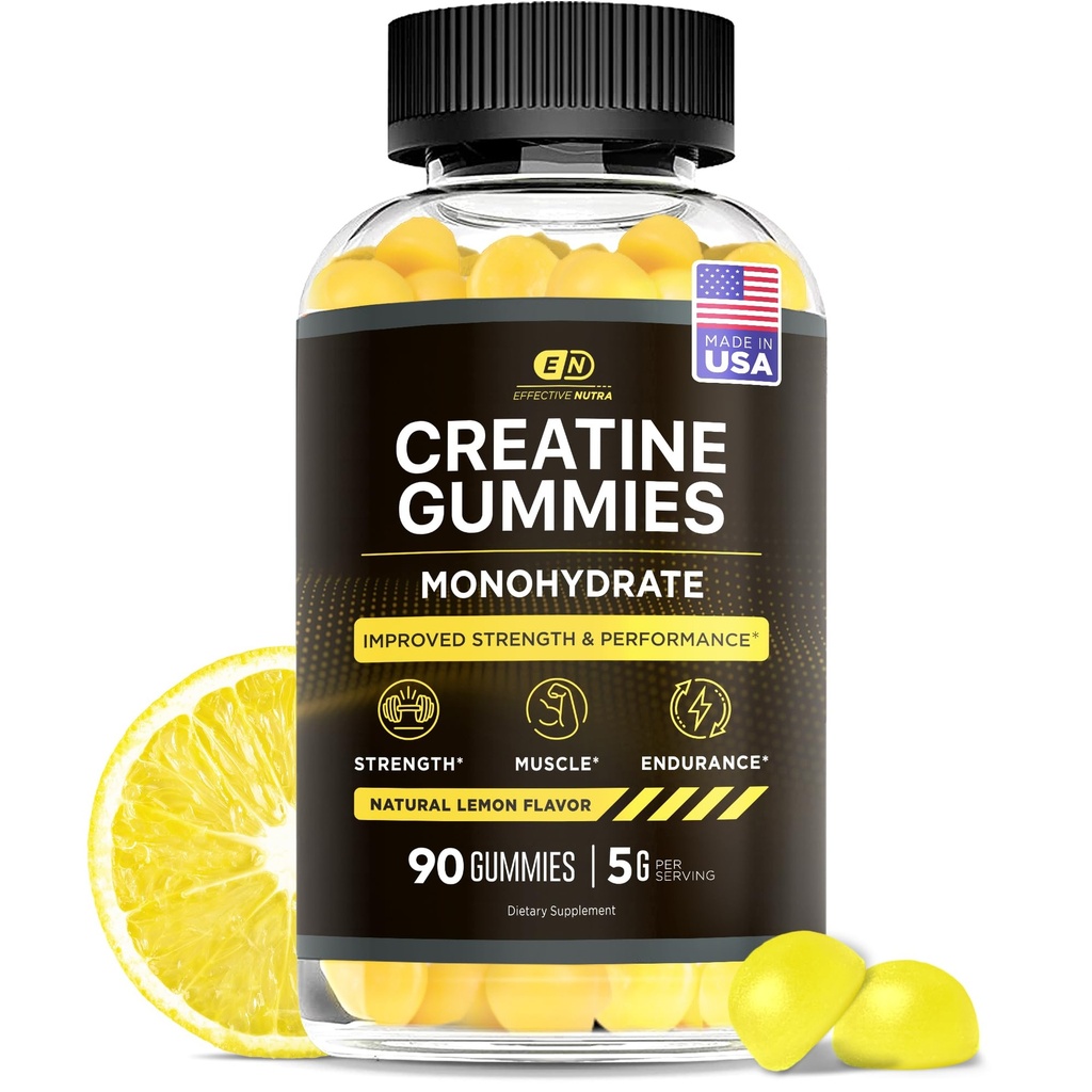 Effektiv Nutra Creatine Monohydrat Gummies - 1g Kreatin per Gummy - Vegan Muskel og styrke Supplement for menn og kvinner - støtter muskelvekst, energi, utholdenhet - Lemon Flavor, laget i USA (90ct)