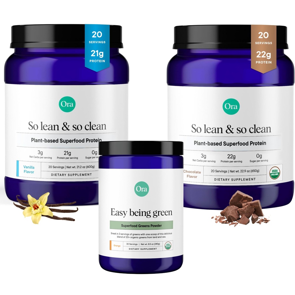 Ora organisk vegansk protein pulver sjokolade, vanila & grønn pulver bunke: 22g plantebasert, sjokolade, 20 serveringer + 21g plante basert, vanilla, 20 serveringer + organisk super grønn drikk, 30 serveringer