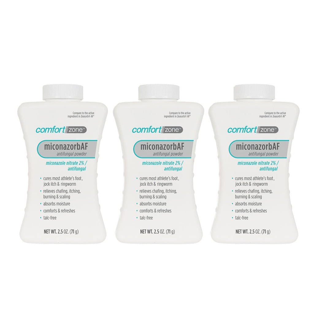 Comfort Zone Miconazorb Antifungal Powder, Talc-Free, Miconazole Nitrate 2%, For Treatment Of Athlete's Foot, Jock Itch And Ringworm, 2.5oz (71g) (3 Pack)