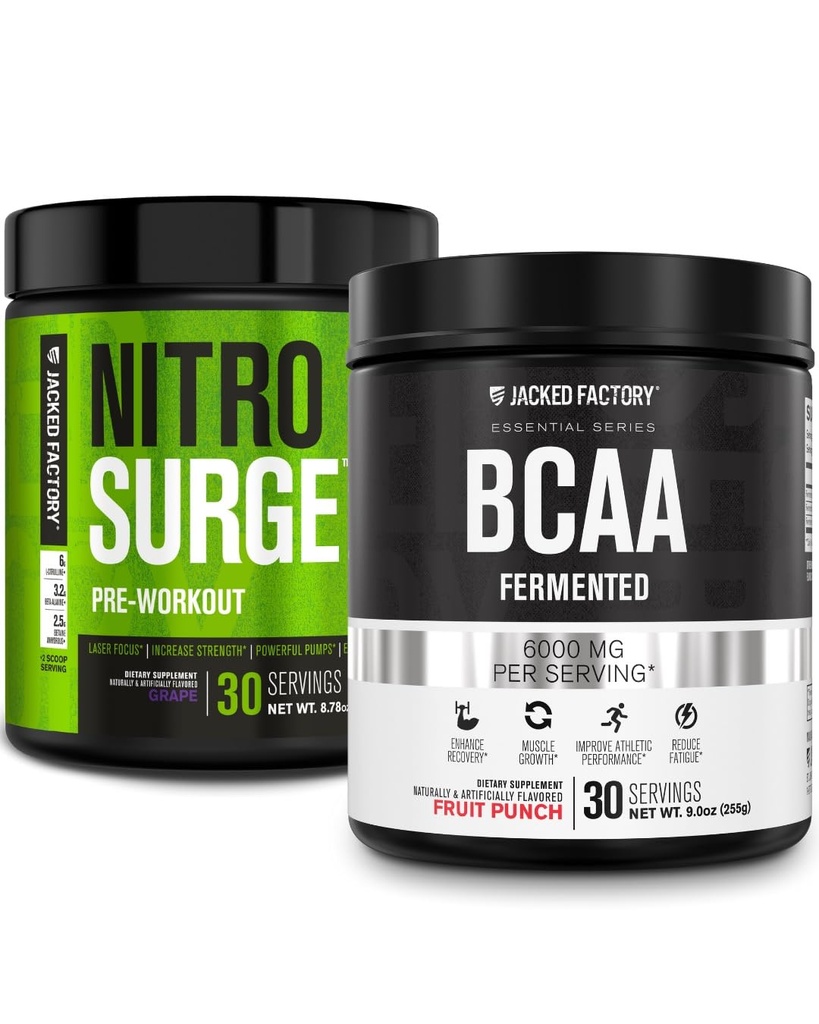 Jacked Factory Nitrosurge Pre-Workout i Grape & BCAA i fruktpunch for muskelbygging og gjenoppretting