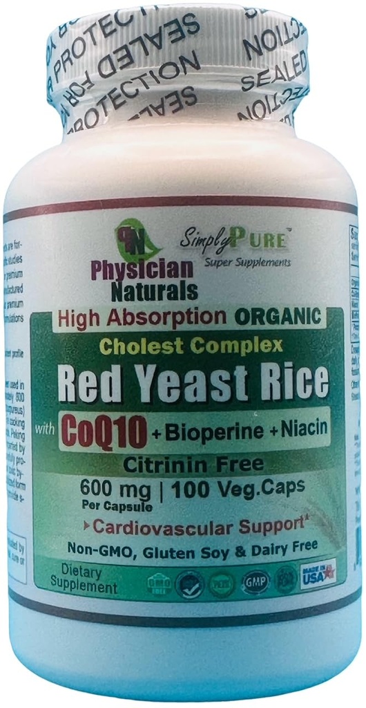Organic Red Yeast Rice w CoEnzyme Q10 og Piperine 600 mg Høy absorpsjon 100 Veg Caps 1200 mg per servering