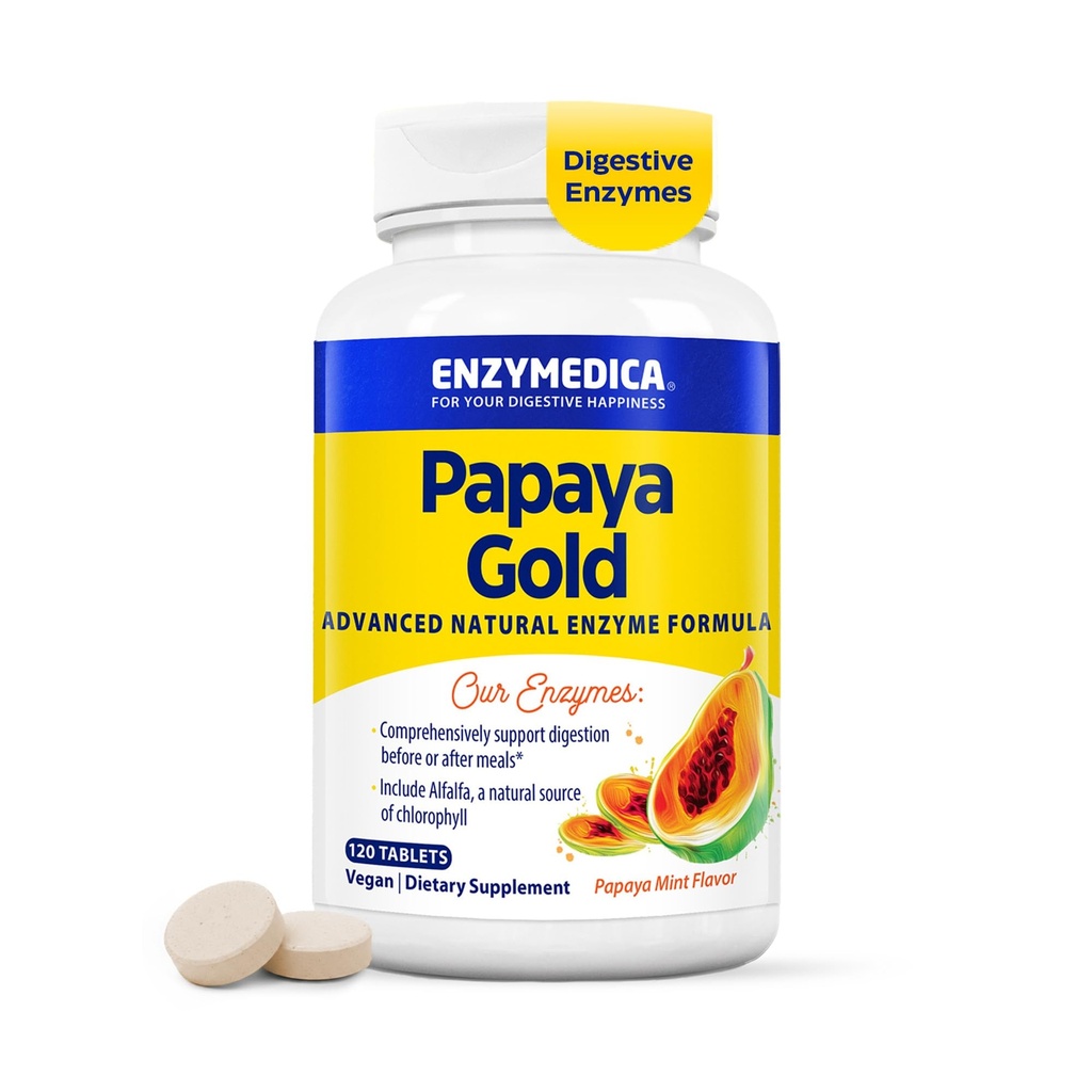 Enzymedica Papaya Gold, Advanced Digestive Enzymer med naturlig organisk papaya & klorofyll for omfattende digestion støtte, høy potens Bromelain & Papain, Vegan, Mint, 120 Chewable tabletter