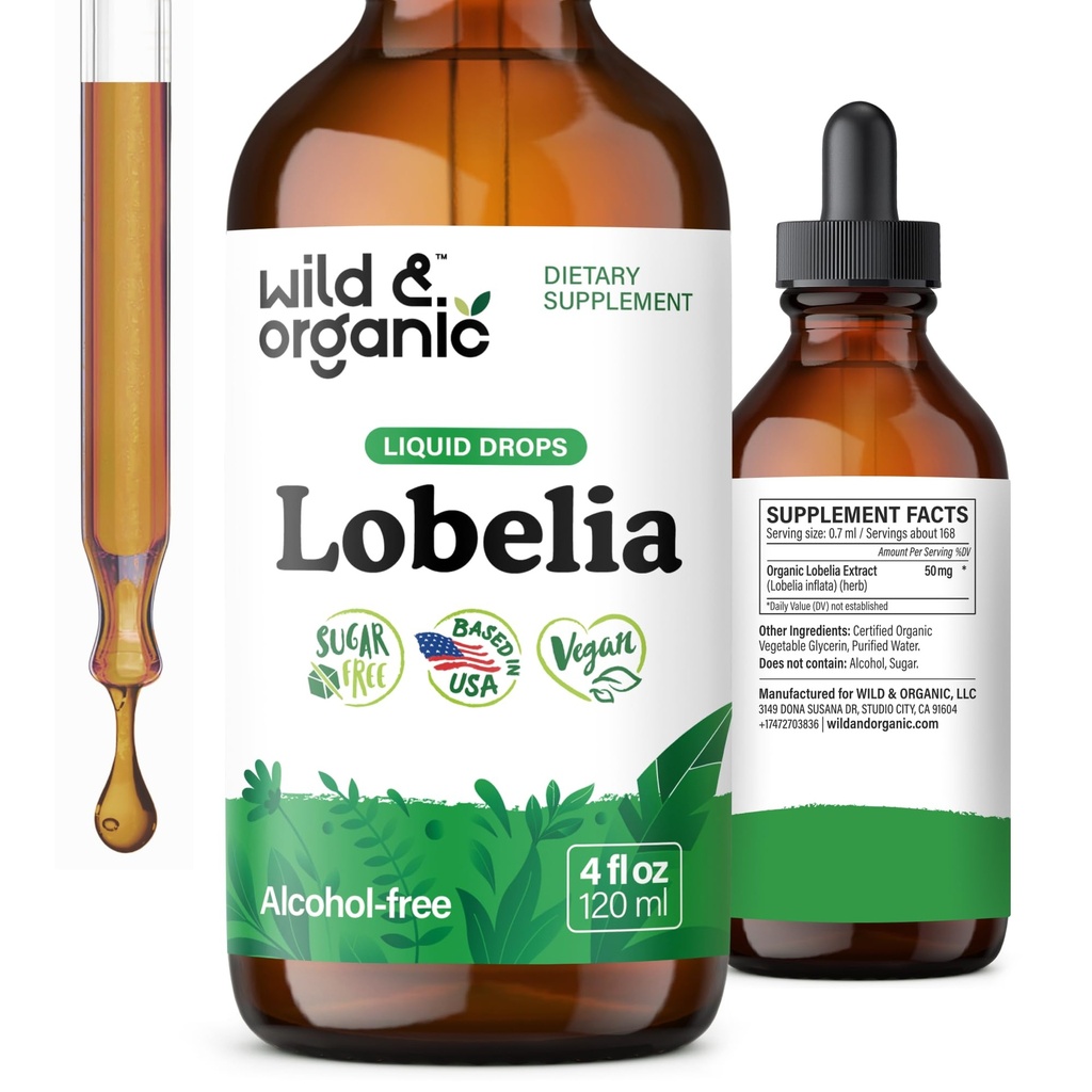 Wild & Organic Lobelia Tinktur - Lung Detox og Cleanse - flytende Lobelia Herb Supplement - Vegan, Sukker & alkoholfri ekstraktdråper - 4 fl oz