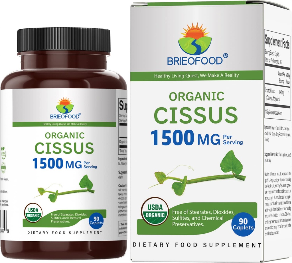 Brieofood Organic Cissus Quadrangularis 1500mg, 45 Services, Vegetarisk, Glutenfri, 90 Vegetariske tabletter
