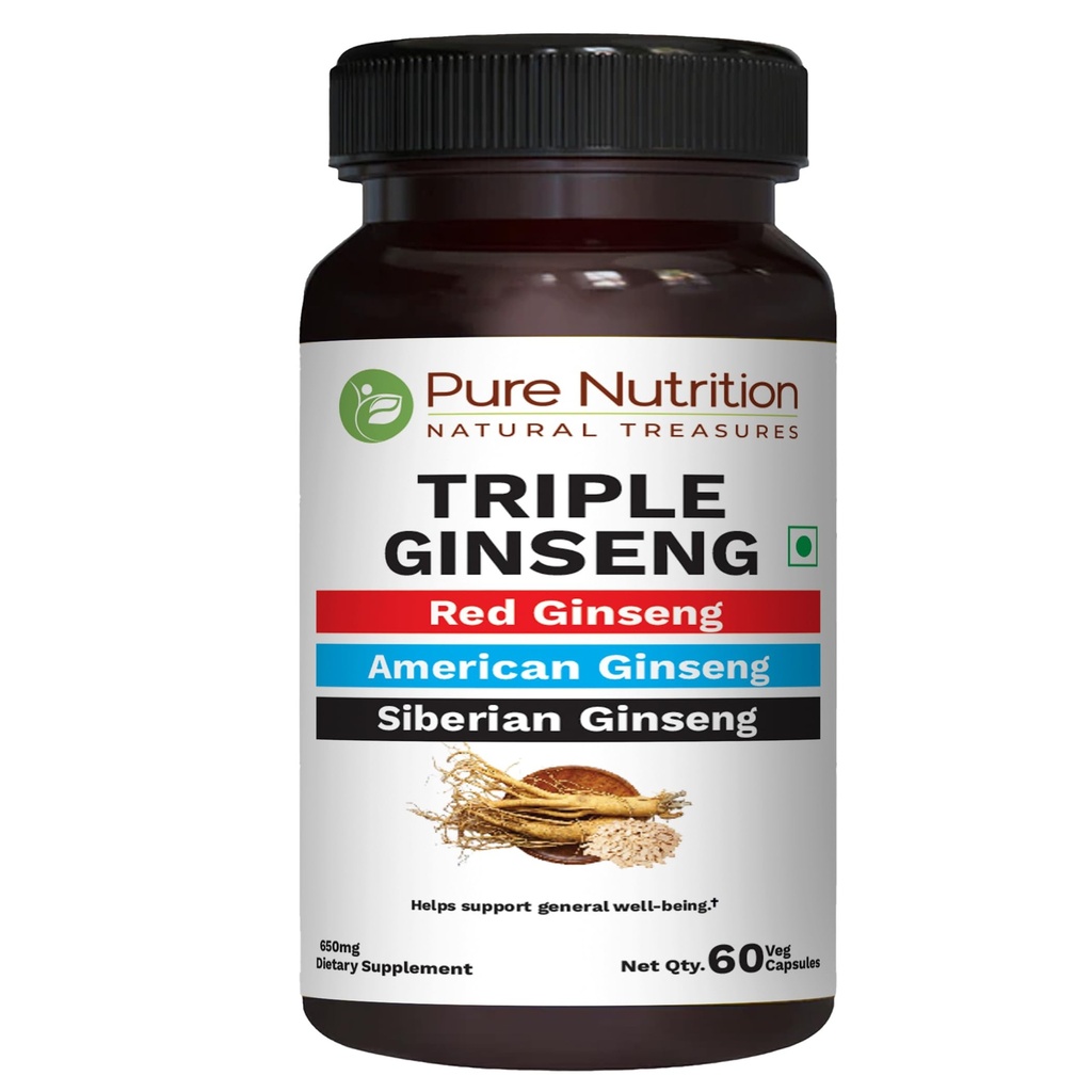 Pure Nutrition Triple Ginseng - en unik og effektiv kombinasjon av rød Ginseng, amerikansk Ginseng og sibirsk Ginseng. 790 mg per kapsel | 60 Veg Caps Pack