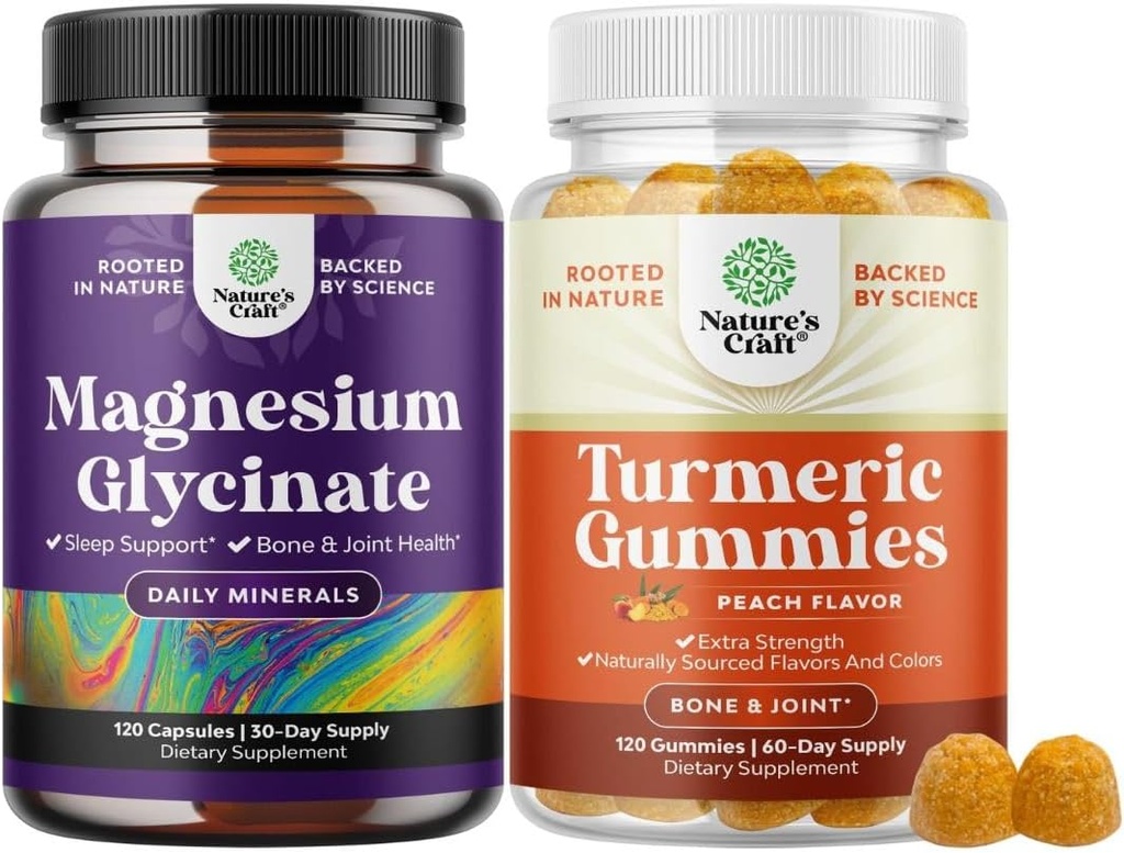 Bundle av ren magnesiumglycinat 400mg Per servering for Mood Sleep and Relaxation og gummier for voksne Peach Flavor - Ekstra styrke felles støtte