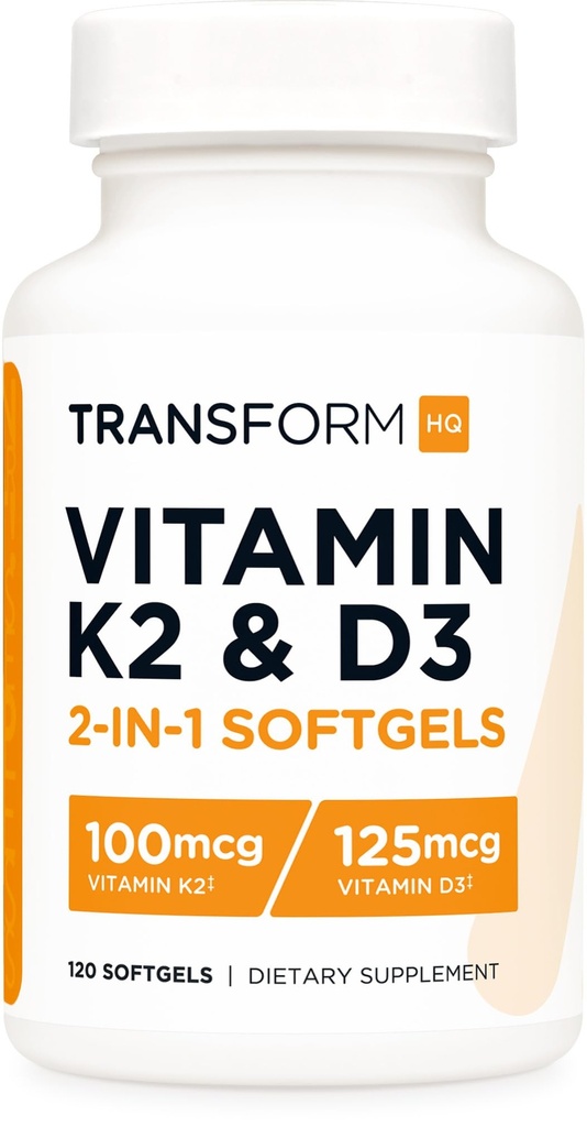 TransformHQ vitamin K2 (MK7) (100mcg) + vitamin D3 (5000 IU) 120 Softgels - Glutenfri og ikke-GMO