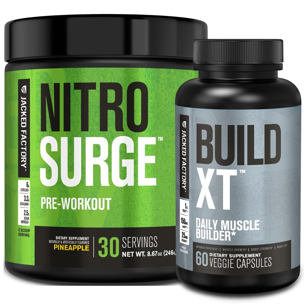 Jacked Factory Nitrosurge Pre-Workout i Pineapple & Bygg XT Muscle Building Bundle for menn og kvinner