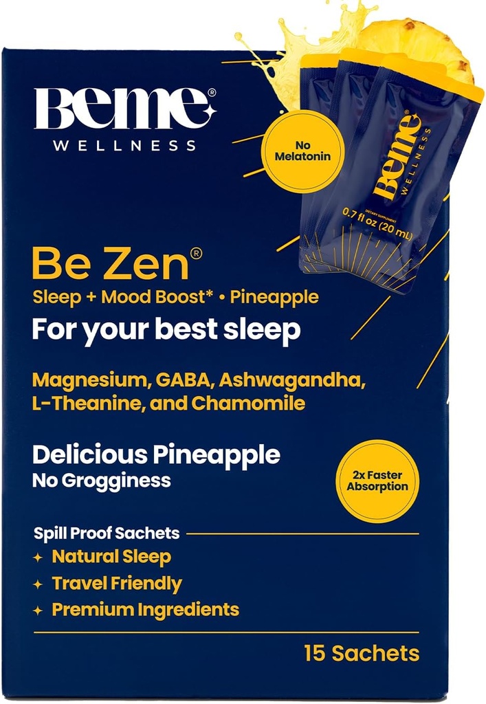 BeMe BeZen søvnhjelp kosttilskudd naturlig uten Melatonin - 2X absorpsjon enn piller - søvnhjelpmidler for voksne med magnesium, Ashwagandha, kamille, L-theanin & GABA - Delicious Pineapple