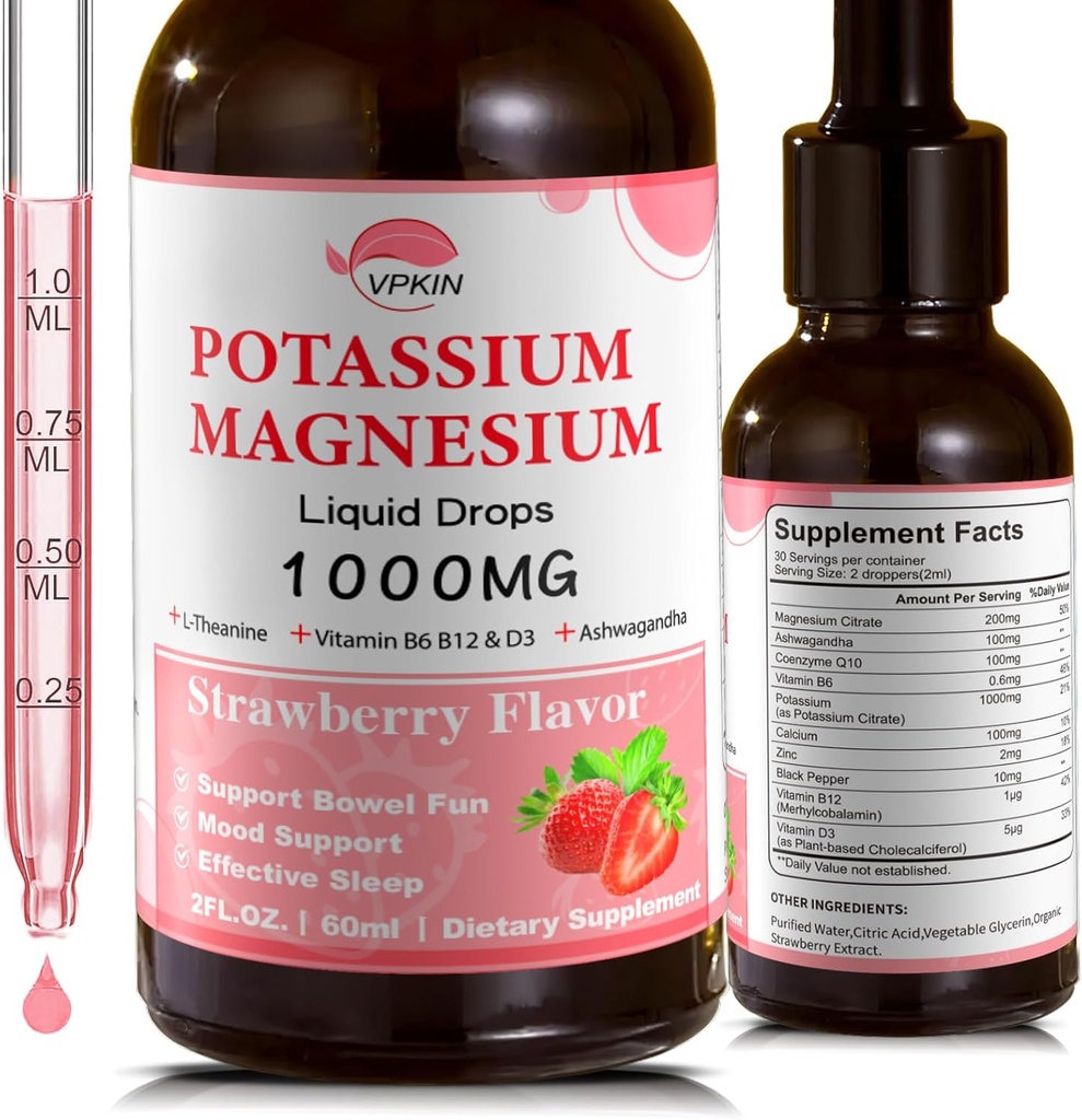 Kalium magnesiumcitrat Supplement, magnnesium flytende dråper med magnesiumglucinat 1000 mg med Ashwagandha,Zinc, støtte Clam & Support Immunsystem (Strawberry, 2 FL.OZ.)