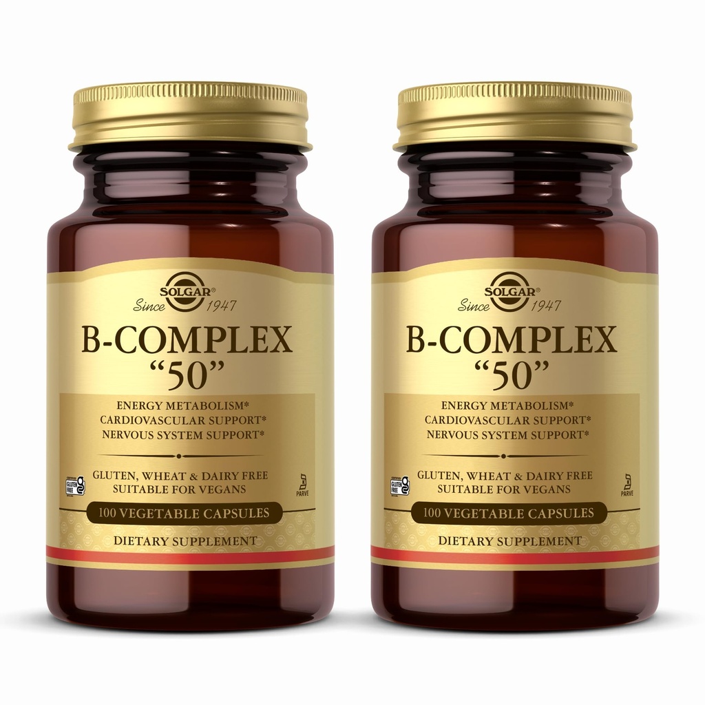 Solgar B-Complex \"50\" - 100 grønnsaker kapsler, pakke med 2 - Energimetabolisme og nervesystem støtte - ikke-GMO, Vegansk, Glutenfri - 200 Total Services