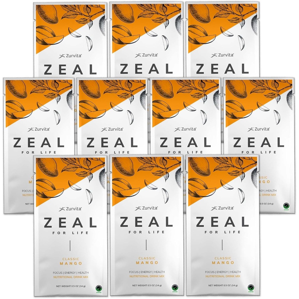 Zurvita - Zeal for Life Wellness Drink Mix - Klassisk Mango Flavor - Glutenfri, Vegansk, med Biotin, vitaminer og mineraler for helse - 10 Pakninger