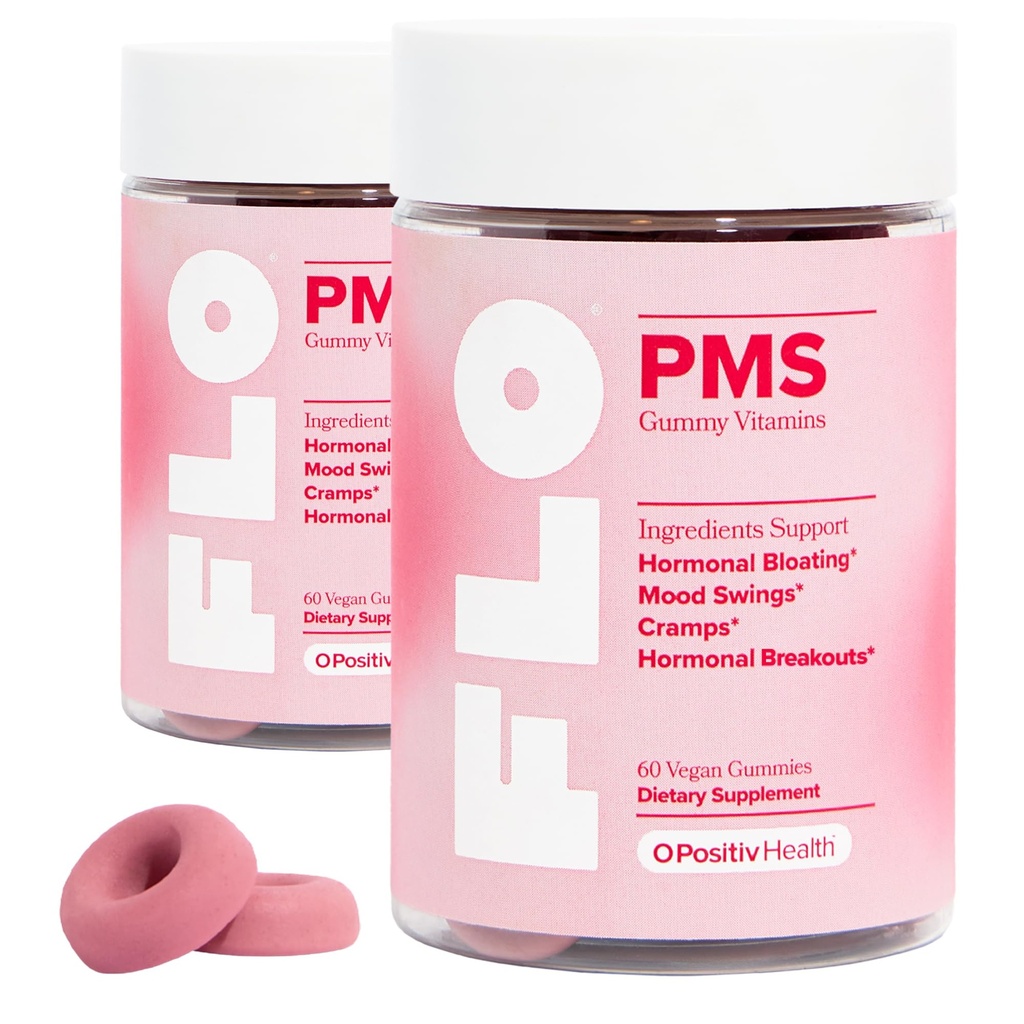O Positiv FLO PMS Gummies for kvinner - Proactive PMS Relief - Mål Hormonale Breakouts, Bloating, Cramps, & Mood Swings med Chasteberry, Vitamin B6, & Lemon Balm - PMS Gummies (Pack of 2)