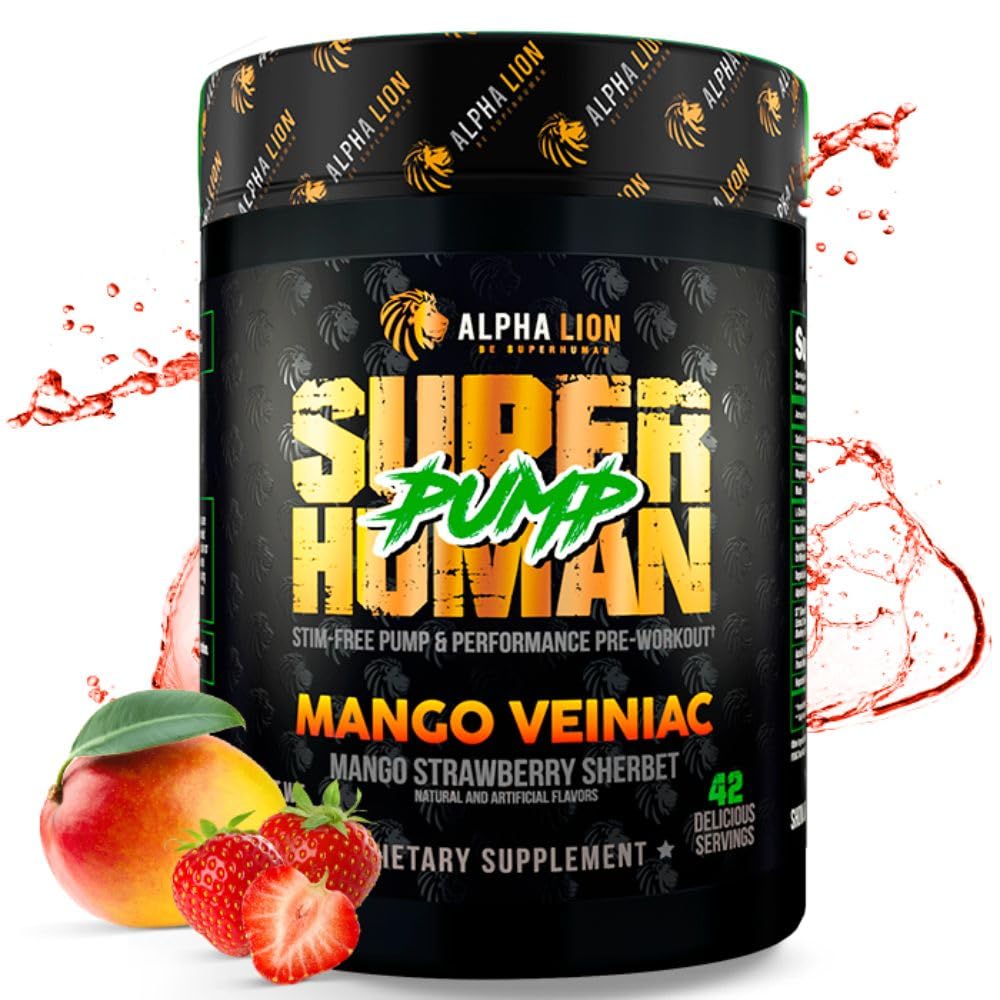 ALPHA LION Superhuman Pump Pre Trening pulver, nootropisk koffein & Stim gratis preworkout Supplement, Nitric Oxid Booster, Muskel Gainer, Energi & Fokus (42 Services, Mango Veniac Flavor)