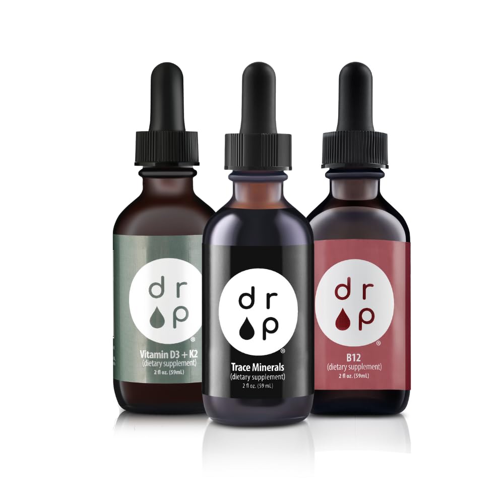 Drop Kosttilskudd Organic Trace Minerals Electrolyte Dråper, vitamin D3 + K2 Dråper og vitamin B12 flytende dråper Bundle