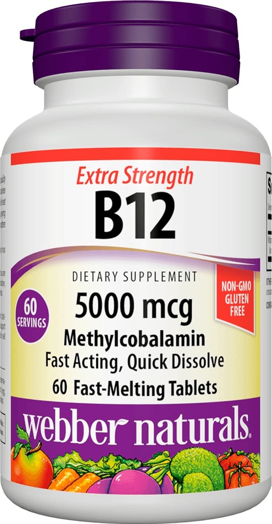 Webber Naturals vitamin B12 5000 mcg, 60 count, rask oppløsning tabletter, vitamin Supplement støtte for energimetabolisme, immun- og hjertehelse, vegetarisk formel, 60 dagers forsyning
