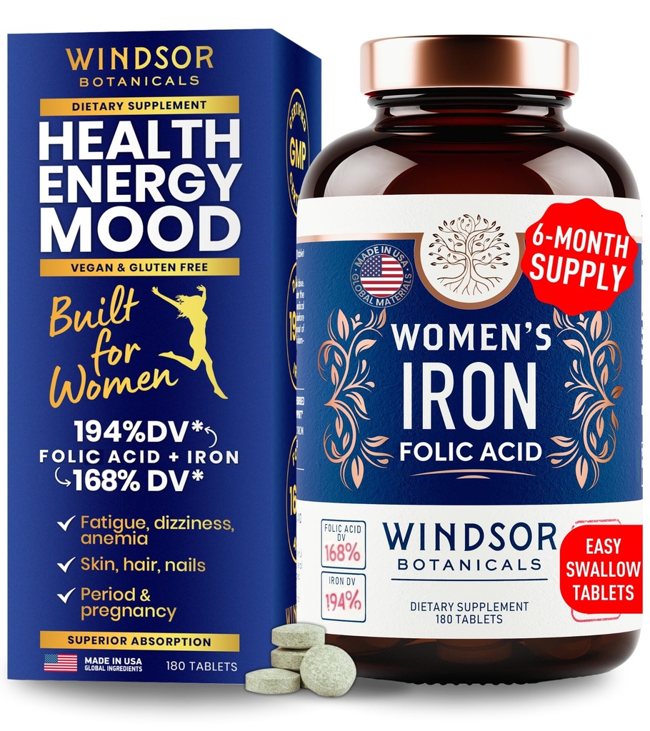 Jern- og folsyretilskudd for kvinner - 35 mg Gentle Iron Vitamin, Folinsyre 400mcg - Anemi, Periode, Graviditetsstøtte Supplement, Ferrous Sulfate Pills - 180 Vegan Non-Constipating Tabletter