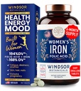 Jern- og folsyretilskudd for kvinner - 35 mg Gentle Iron Vitamin, Folinsyre 400mcg - Anemi, Periode, Graviditetsstøtte Supplement, Ferrous Sulfate Pills - 180 Vegan Non-Constipating Tabletter