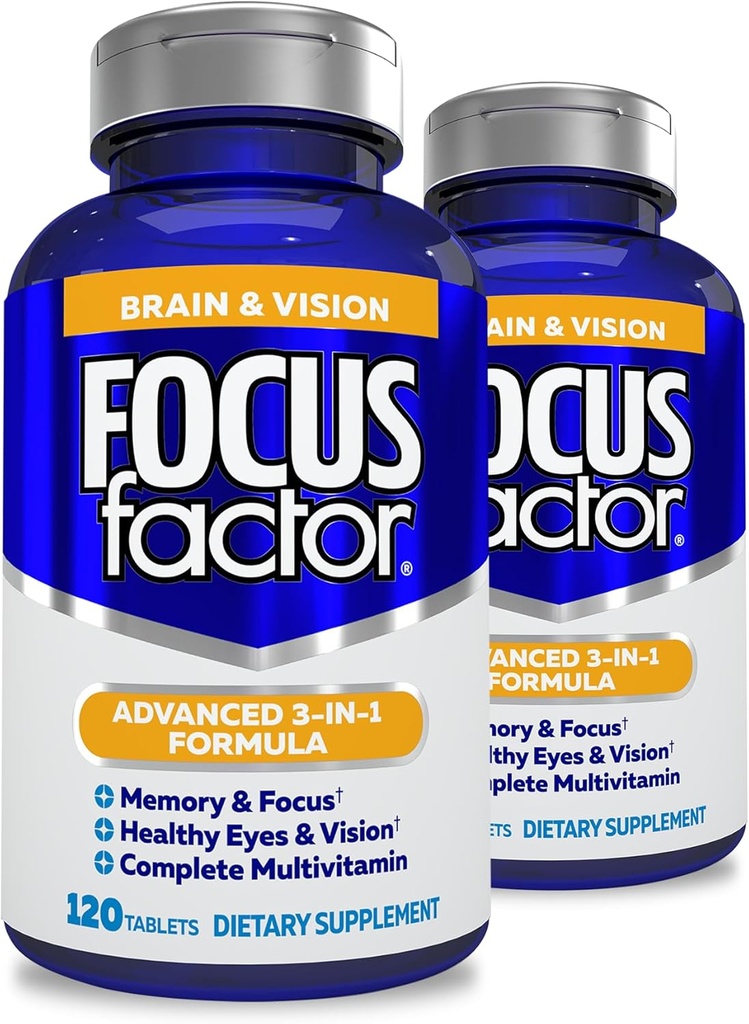 Focus Factor Adults Brain og Vision Supplement, 120 Count- Eye vitamin, Mineral Supplement, Fullstendig Multivitamin med Lutein & Zeaxanthin-Brain Supplement for fokus, Konsentrasjon, minne (2 Pk)