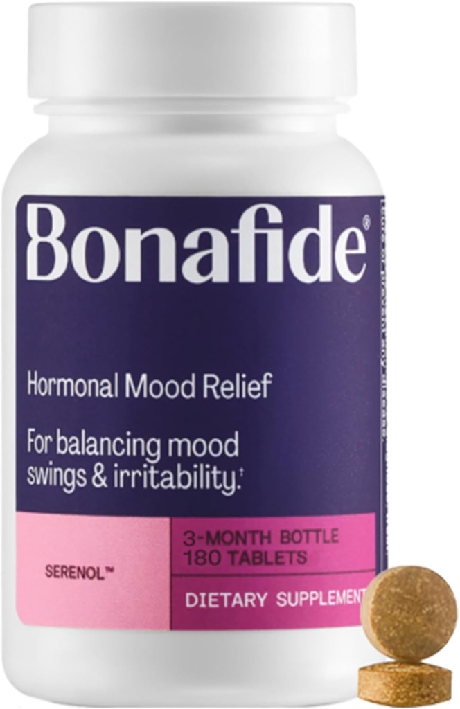 Serenol av Bonafide. Relief fra Hormonal Mood Swings, irriterbarhet og PMS Bloating. — 3-måneders forsyning (180 tabletter)