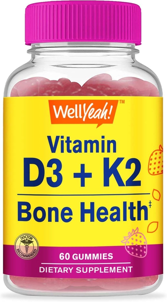VelJa Ja Vitamin D3 + K2 Gummies - vitamin D3 1000 IU, K2 100 MCG - Bein og Muskel Helse Støtte, Naturlig Flavors, GMO Gratis, Glutenfri, Vegan - K2 D3 Vitamin Supplement- 60 Gummies