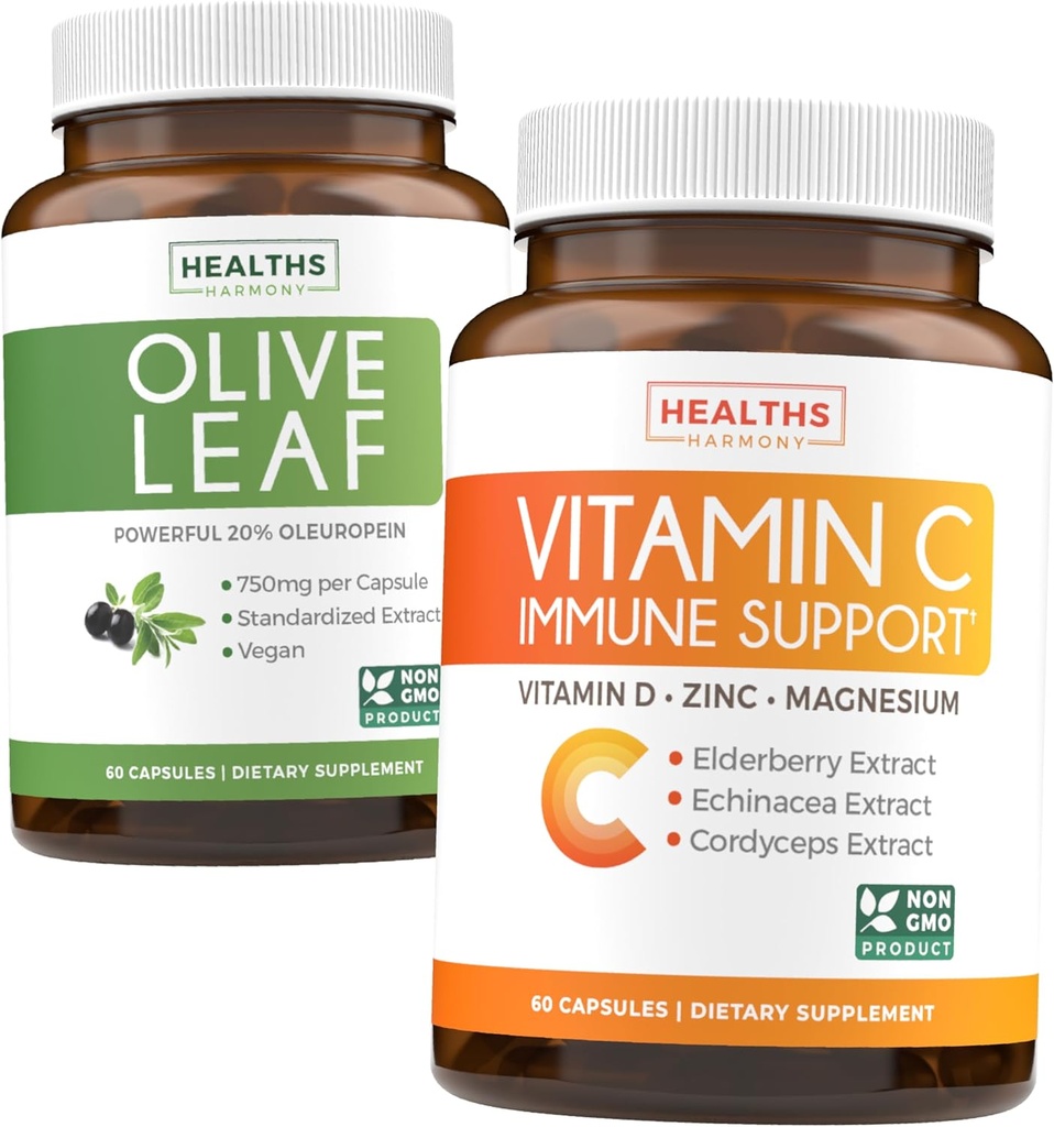 Spar $ 4 (12% avslag) - Herbal Immune Bundle - Olive Leaf Extract (Non-GMO) Super styrke: 20% Oleuropein 750 mg caps og immunstøtte - Vitamin C med sink, vitamin D, eldrebær & Echinacea (Non-GMO)