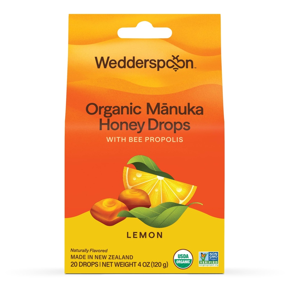 Wedderspoon Organic Manuka Honning Drops, sitron & Bee Propolis, 20 greve (Pack of 1)