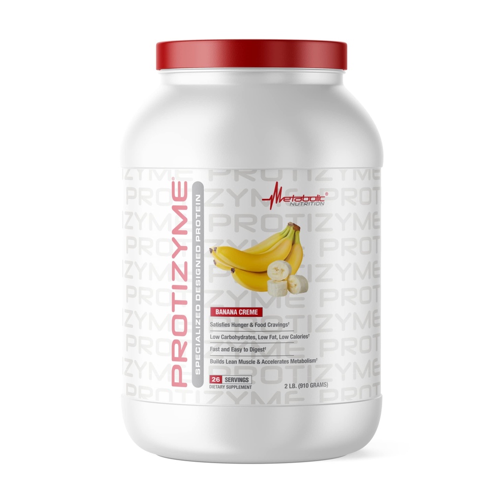 Metabolsk ernæring - Protizyme - Whey Protein pulver, høy protein, lav karbohydrat, lav fett med digestive enzymer, 24 essensielle vitaminer og mineraler, banan krem, 2 pund