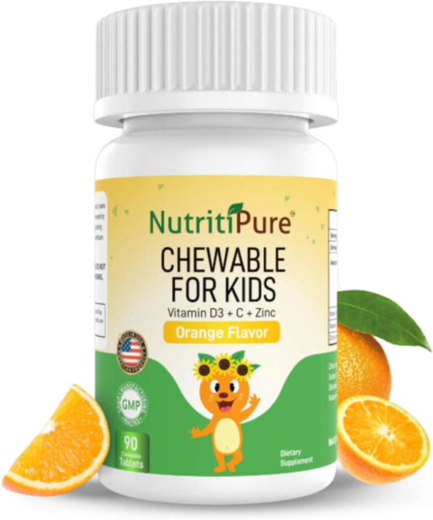 Chewable vitamin D3 (Cholecalciferol) 25 mg (1000 IU) + Zinc (Zinc Citrate) 5 mg + C-vitamin 30 mg for barn orange flavor 90/Bottle (1)