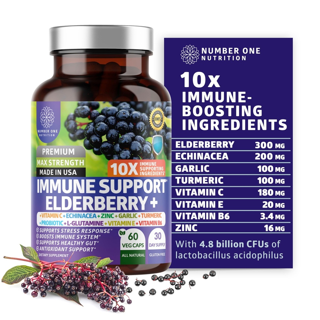 Premium 10 i 1 immunstøtte Supplement [10 Potent ingredienser] med eldrebær, vitamin C, Echinacea, sink og probiotika for immunstøtte, Gut Helse og bedre digestion, 60 Veg Caps