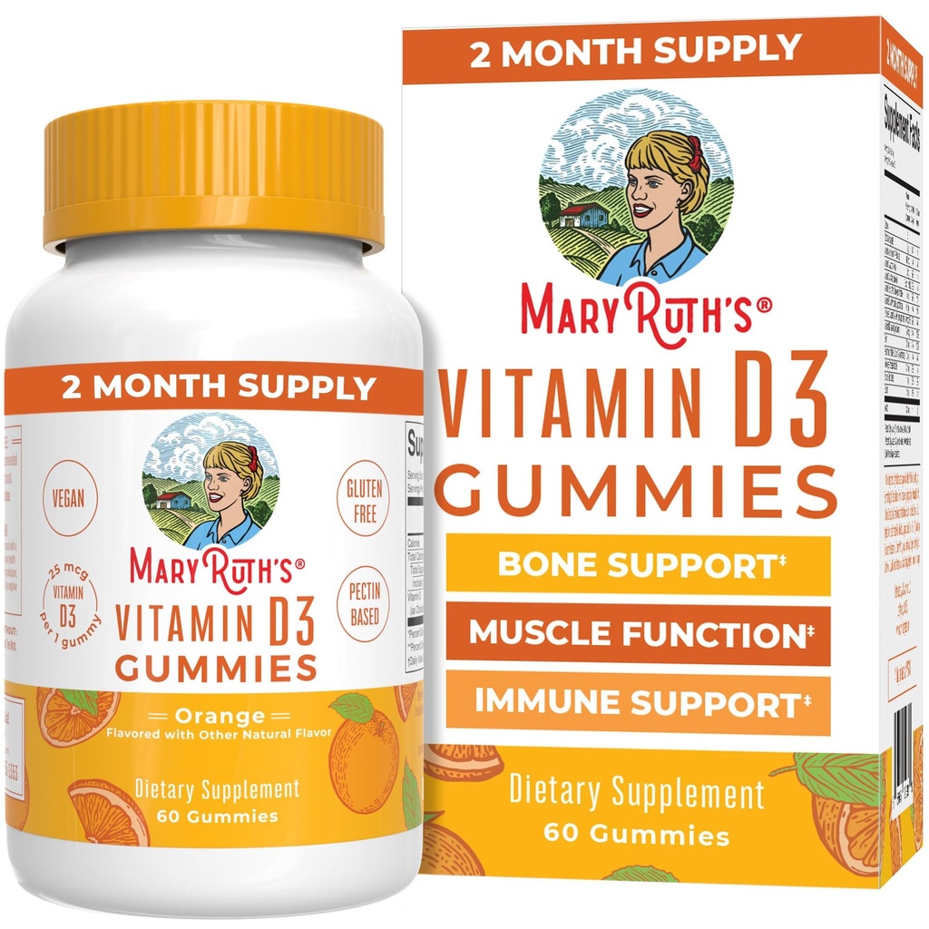 MaryRuth Organics Vitamin D3 Gummies | 2 måneders forsyning | voksne og barn Vitamin D Gummy | Immunstøtte Supplement | VIT D3 1000IU for bein helse & muskelfunksjon | Vegan ikke-GMO | Glutenfri | 60