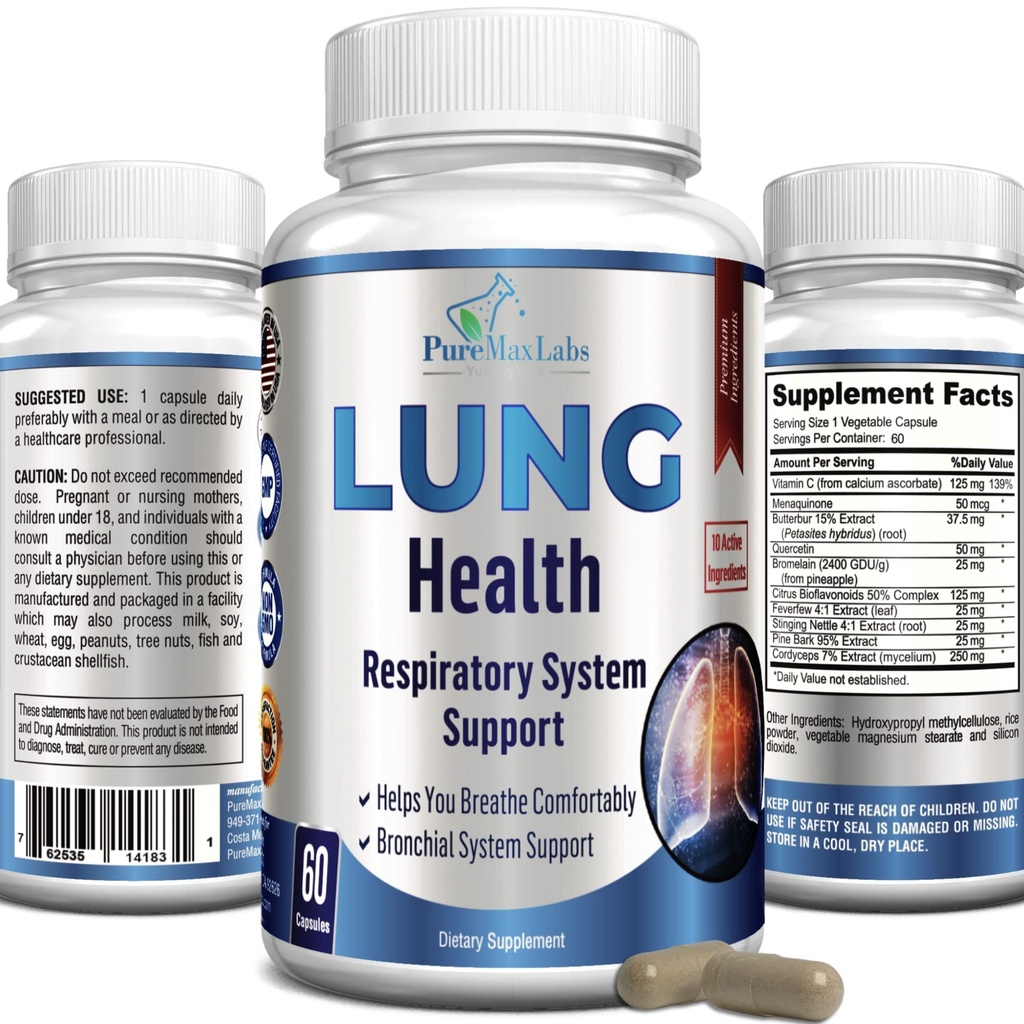 Lung støtte Supplement, Lung Cleanse & Lung Detox Formula, Lung helse støtte for Clear Lungs, behagelig puste, Bronchial helse, 60 kapsler