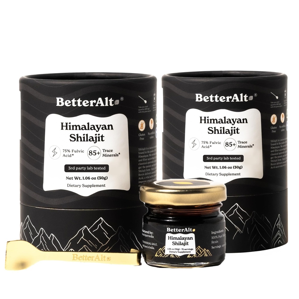 Bedre Alt Pure Himalayan Shilajit Resin pakke med 2 høy styrke gull klasse 150 serveringer for energi øke og immun støtte, 85 + spor Mineraler, 75% + Fulvic Acid, med Lab Test Report,400 mg