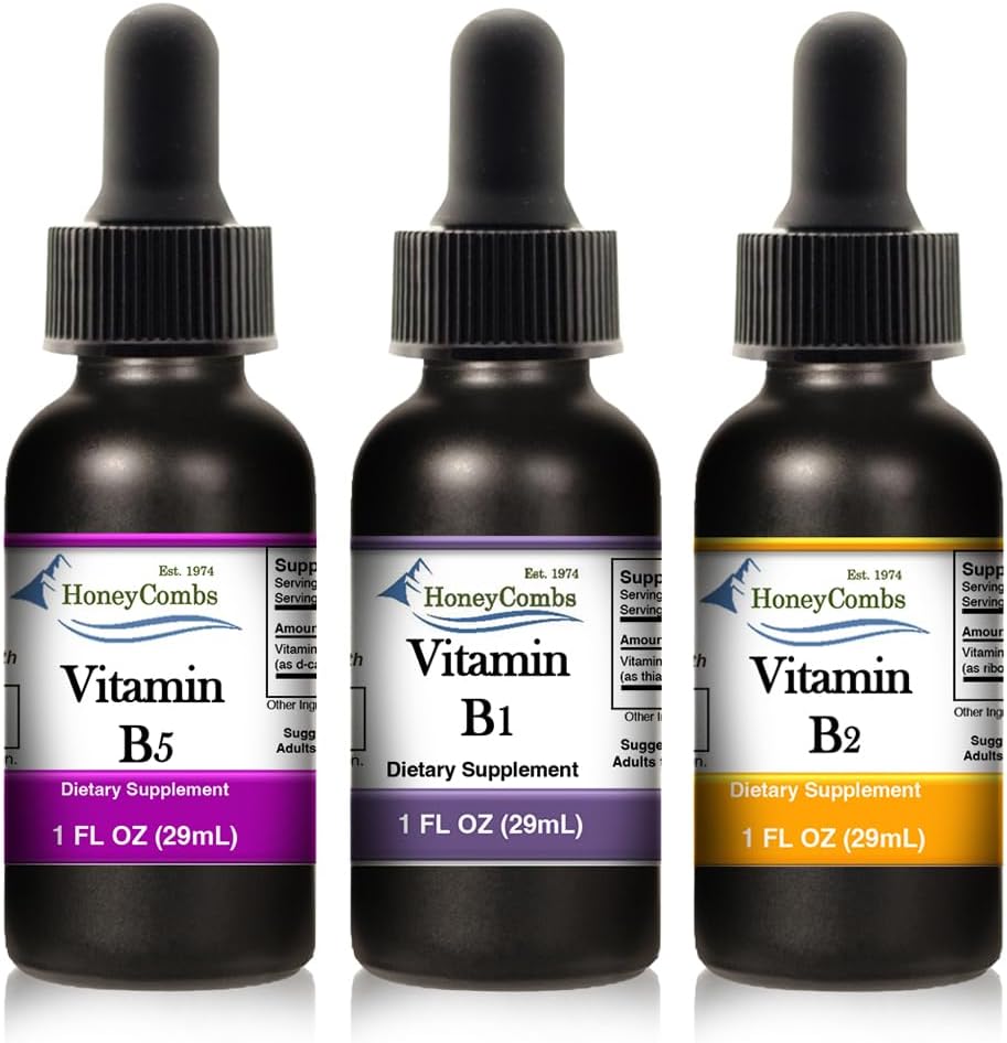 HoneyCombs flytende dråper 1oz Hver lagre 10% - vitamin B5 (Pantothenic Acid) + vitamin B2 (Riboflavin) + vitamin B1 (Thiamin)