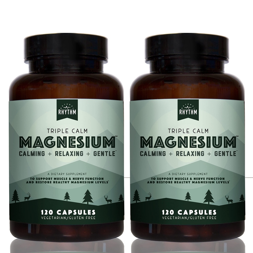 Naturlig Rhythm Triple Calm Magnesium 150 mg - 2 Pack - Magnesium Supplement med magnesiumglucinat, malat og taurat. Roende blanding for å fremme hvile og avslapning - 120 greve flasker