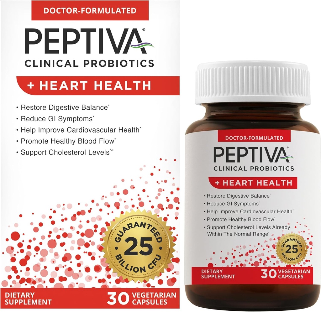 Peptiva Probiotika Hjerte Helse - Helse støtte Supplement, 25 milliarder CFU, Multi-Strain Probiotic, Lactobacillus Acidophilus, Bifidobacterium, Digestiv støtte - 30 Vegetariske kapsler