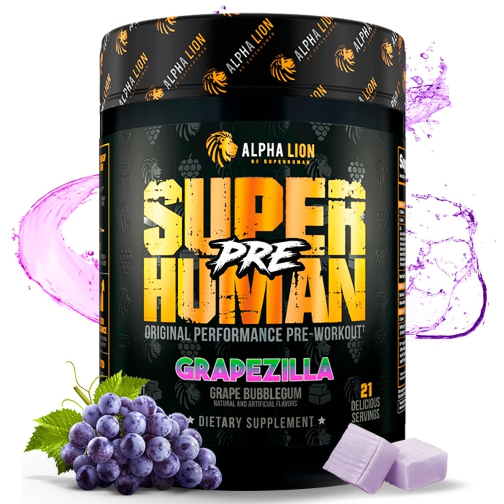 ALPHA LION Superhuman Pre Workout pulver, Beta Alanine, L-Taurin & Tri-kilde-kaffein for frigjørende energi og fokus, Nitric Oxid & Citrullin for pumpe (21 Serveringer, Grapezilla)