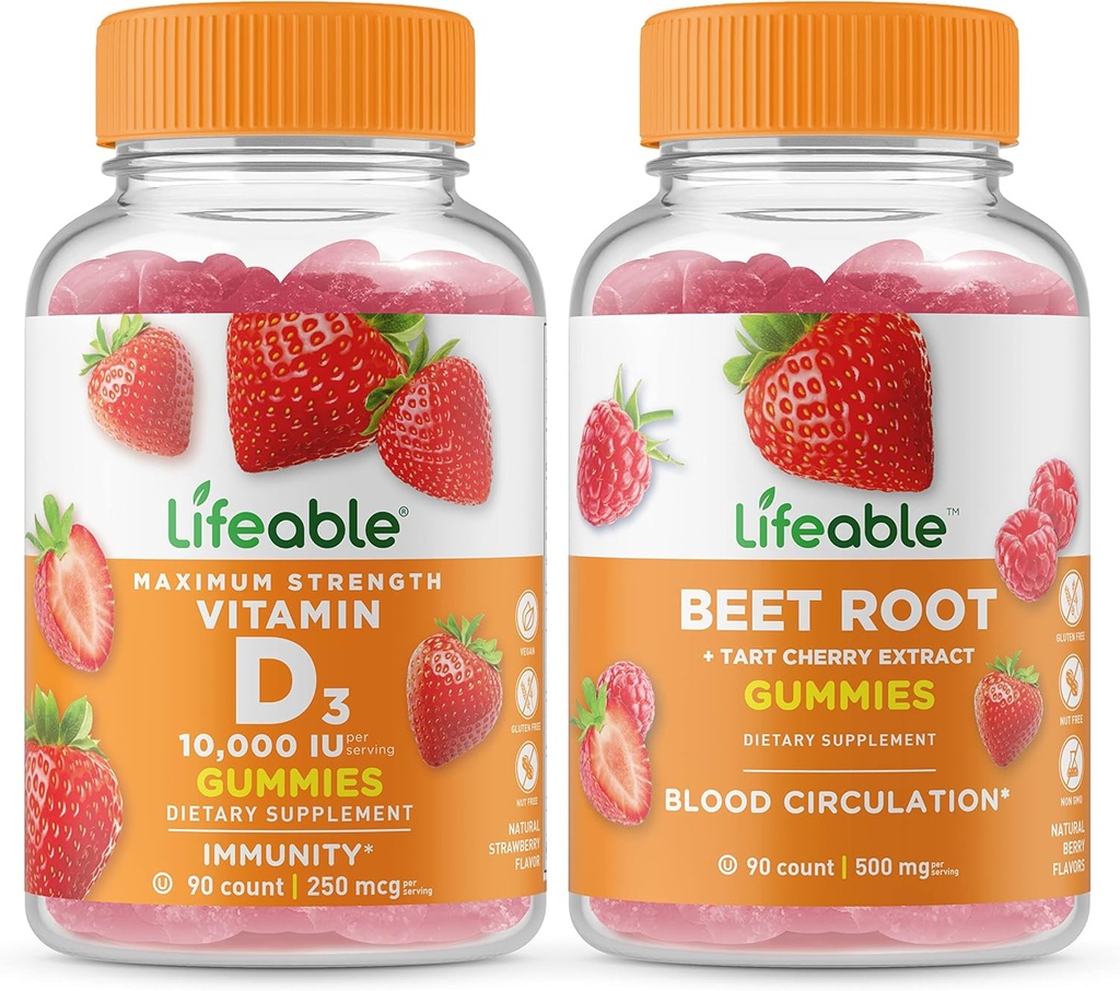 Levelig vitamin D 10000 IU + Beet Root, Gummies Bundle - Great Tasting, vitamin Supplement, Glutenfri, GMO Gratis, Chewable Gummy