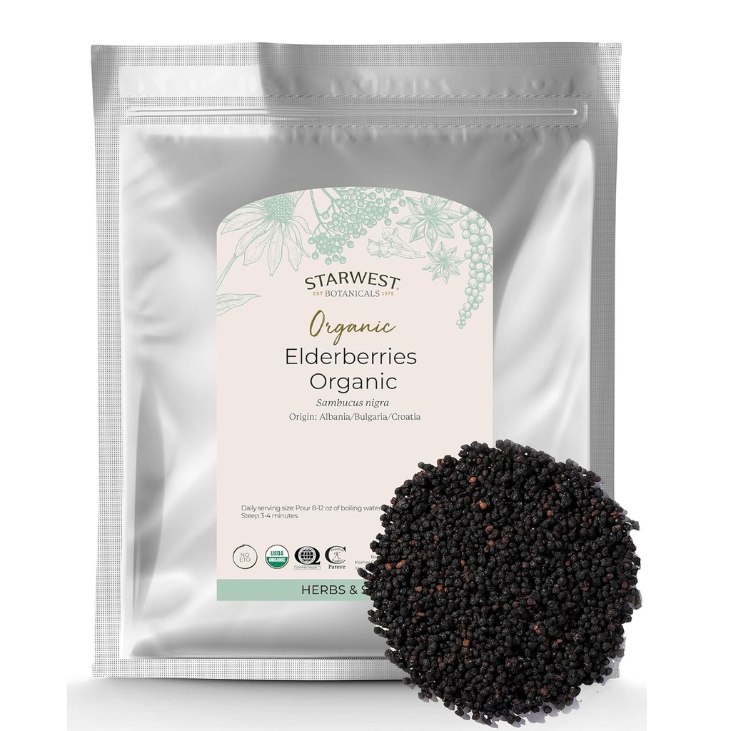 Starwest Botanicals Organic Elderberry - Tørket eldrebær for Syrup, Te, Gummier, & Jam, Naturlig immunstøtte, sertifisert Kosher, Ikke-GMO - Bulk 1 lb Bag