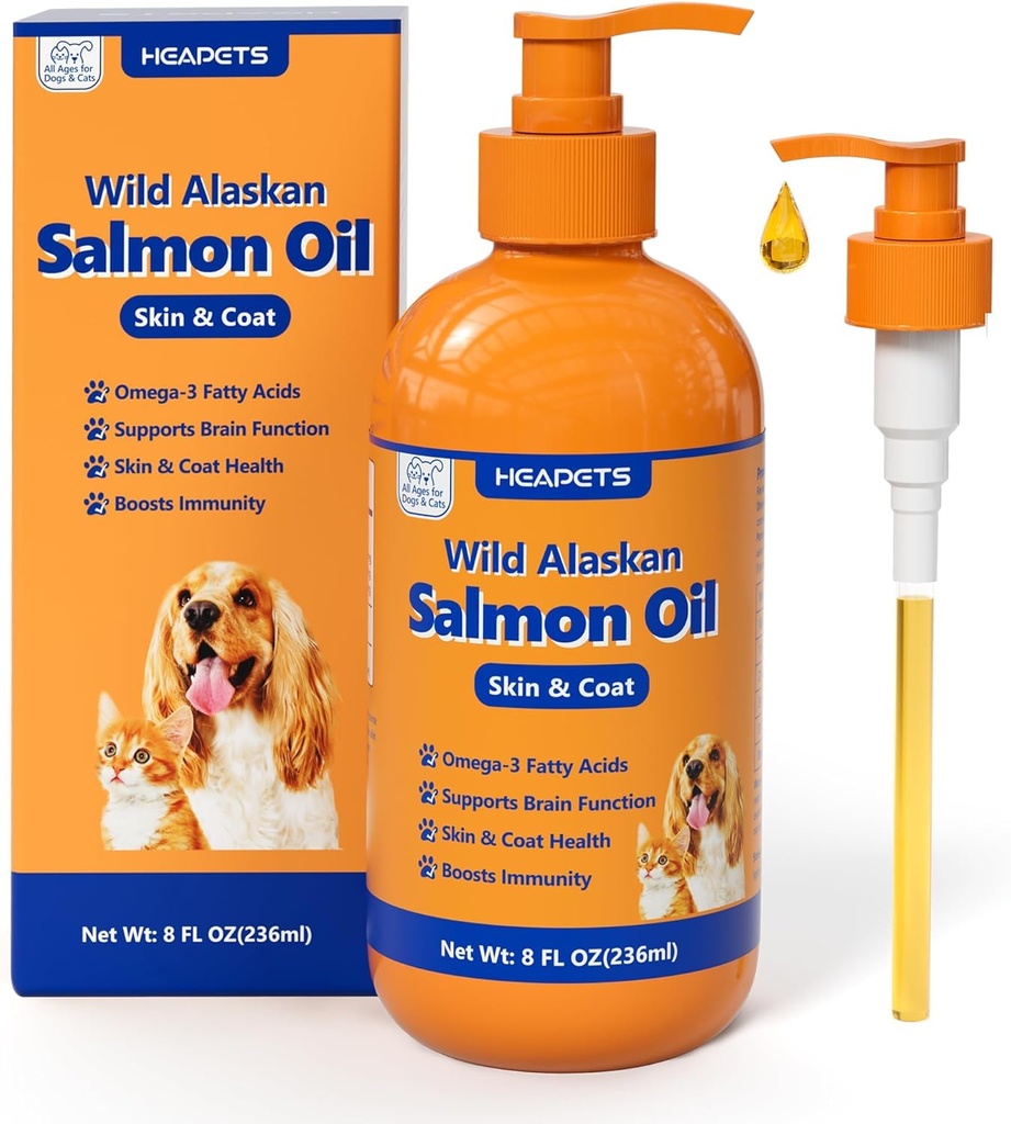 Wild Alaskan Salmon Olje for hunder og katter, Fish Oil Omega 3 Kosttilskudd med EPA & DHA for hud og Coat, Immune, Hjerne, Joint og Heart Helse, Hund & Cat Fish Oil Kosttilskudd med pumpe- 8 oz